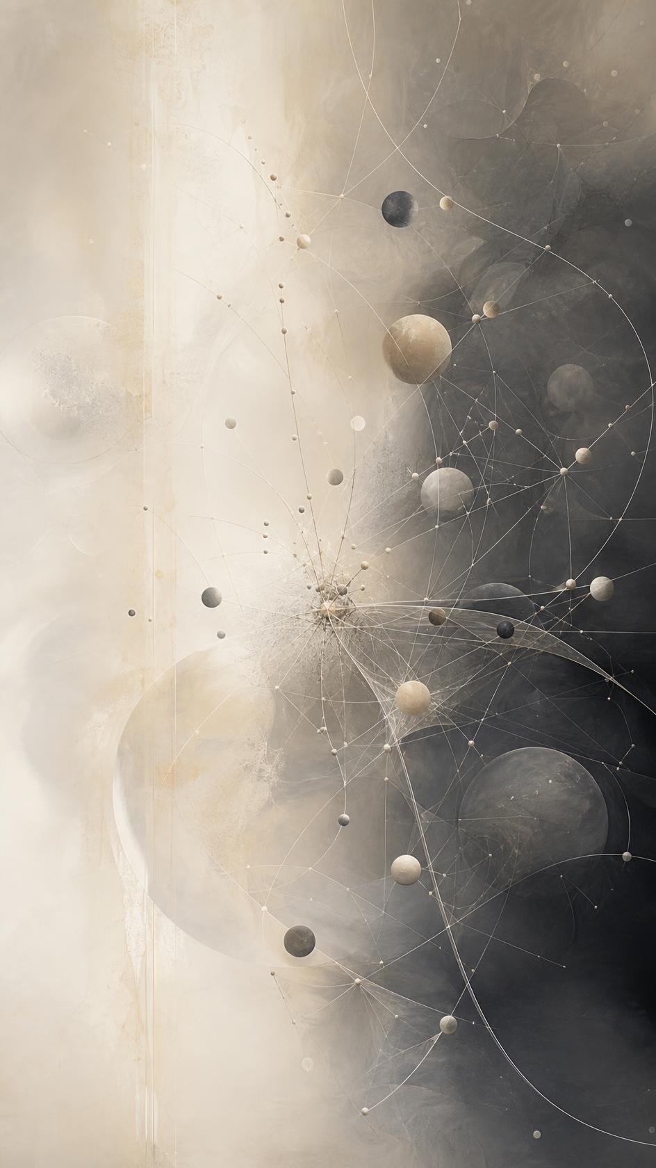 Abstract artwork: a luminous central form connected by a delicate network of lines and spheres, rendered in muted tones of cream, graphite, and soft ink.
